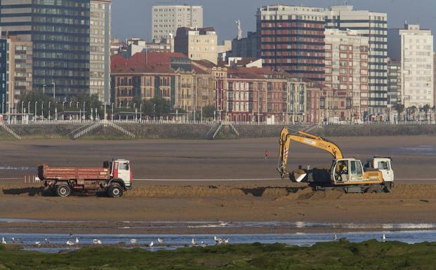 Trabajos de trasvase de arena en la playa de San Lorenzo en junio del año pasado.