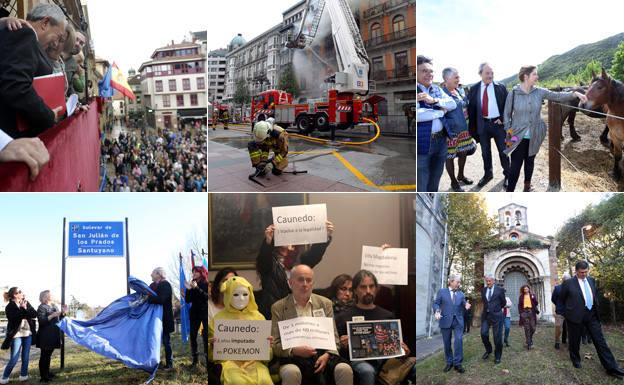 Algunas de las imágenes más significativas del Gobierno de Wenceslao López en Oviedo: en el balcón, tras el apoyo de Somos, la muerte del bombero Eloy Palacio, la Ascensión a Olloniego, Bulevar de Santullano, los casos de corrupción y La Vega./ROJAS / LORENZANA / PIÑA