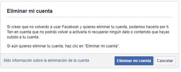 Pantalla de confirmación para eliminar definitivamente tu cuenta de Facebook.