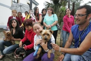 Los dueños de los perros afectados, junto con otros propietarios, en Candás. :: JOAQUÍN PAÑEDA/