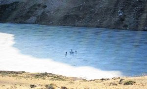 Caminando sobre las aguas en el lago de Cerveriz. :: CARMEN PIÑÁN/