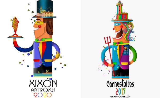 A la izquierda, el cartel descartado para el Antroxu de Gijón y a la derecha, el cartel del carnaval de Castellón de 2017. /