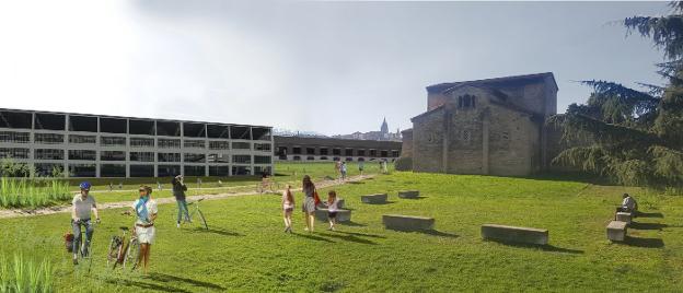 Infografía del taller de Cañones, donde estaría un centro del Prerrománico, muy cercano a San Julián de Los Prados. / AYUNTAMIENTO DE OVIEDO